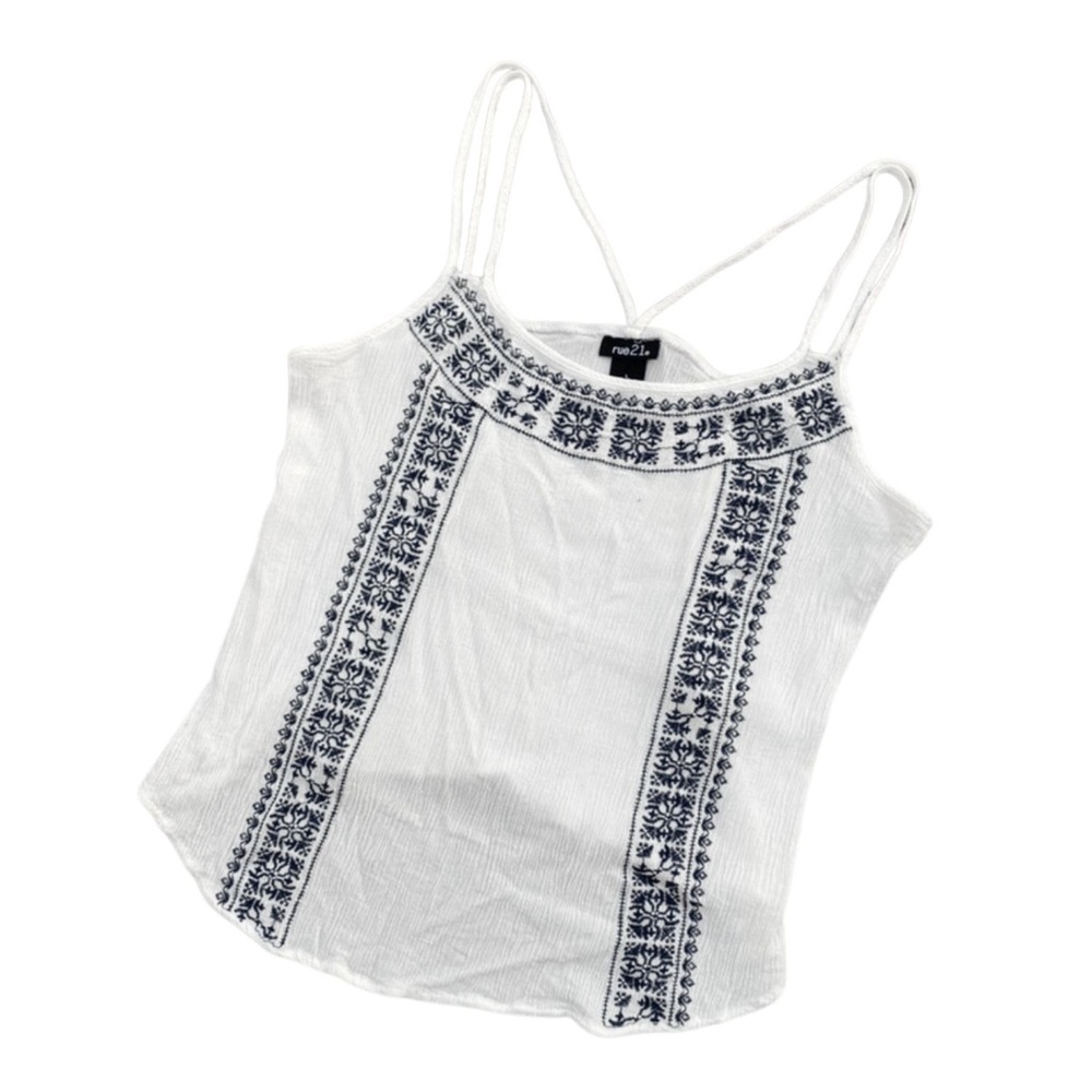 Rue 21 Boho White Blue Embroidered Crop Top Large Bohemian Shirt Criss Cross